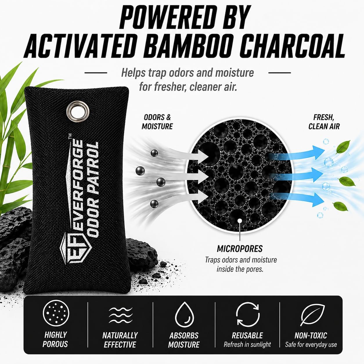EverForge Odor Patrol Charcoal Deodorizer Bags, Natural Odor Absorber for Shoes & Sneakers, Gym Bags, Lockers, Sports Gear, & Cars, Activated Charcoal, 2-Pack, Unscented