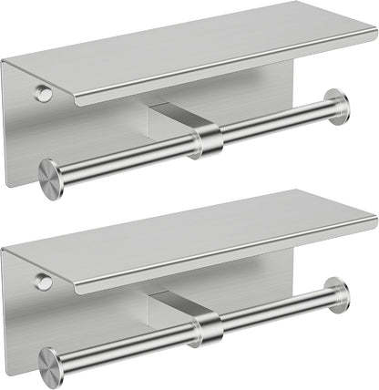 FORIOUS Toilet Paper Holder with Shelf, Commercial Toilet Paper Dispensers | Brushed Nickel | Wall Mount Bathroom Tissue Holder | SUS304 Stainless Steel Rustproof | Double Tissue Roll Holder