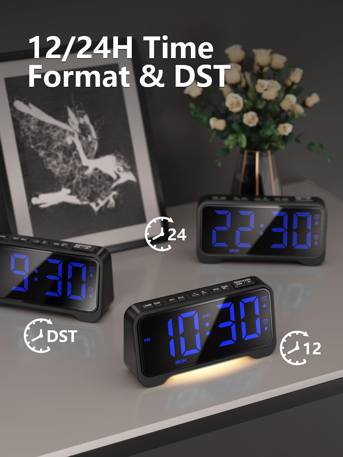 Mesqool Bed Shaker Alarm Clock for Heavy Sleepers, Extra Loud Vibration | Vibration & buzzer modes, dual alarms, snooze, USB charging, battery backup, brightness adjustment for teens & heavy sleepers