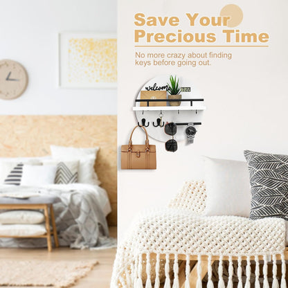 Key Holder for Wall, Key and Mail Holder Organizer with - Key Holder Wall Mount - Round Wooden Rustic Home Decor for Entryway, Mudroom, Hallway, Kitchen Office (Black)