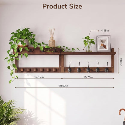 Wooden Key Holder Wall Mount with Shelf, Wall Key Rack and Mail Holder with 9 Key Hooks and 6 Sunglasses Holders, Farmhouse Key Hanger for Entryway Living Room Bedroom, Rustic Brown