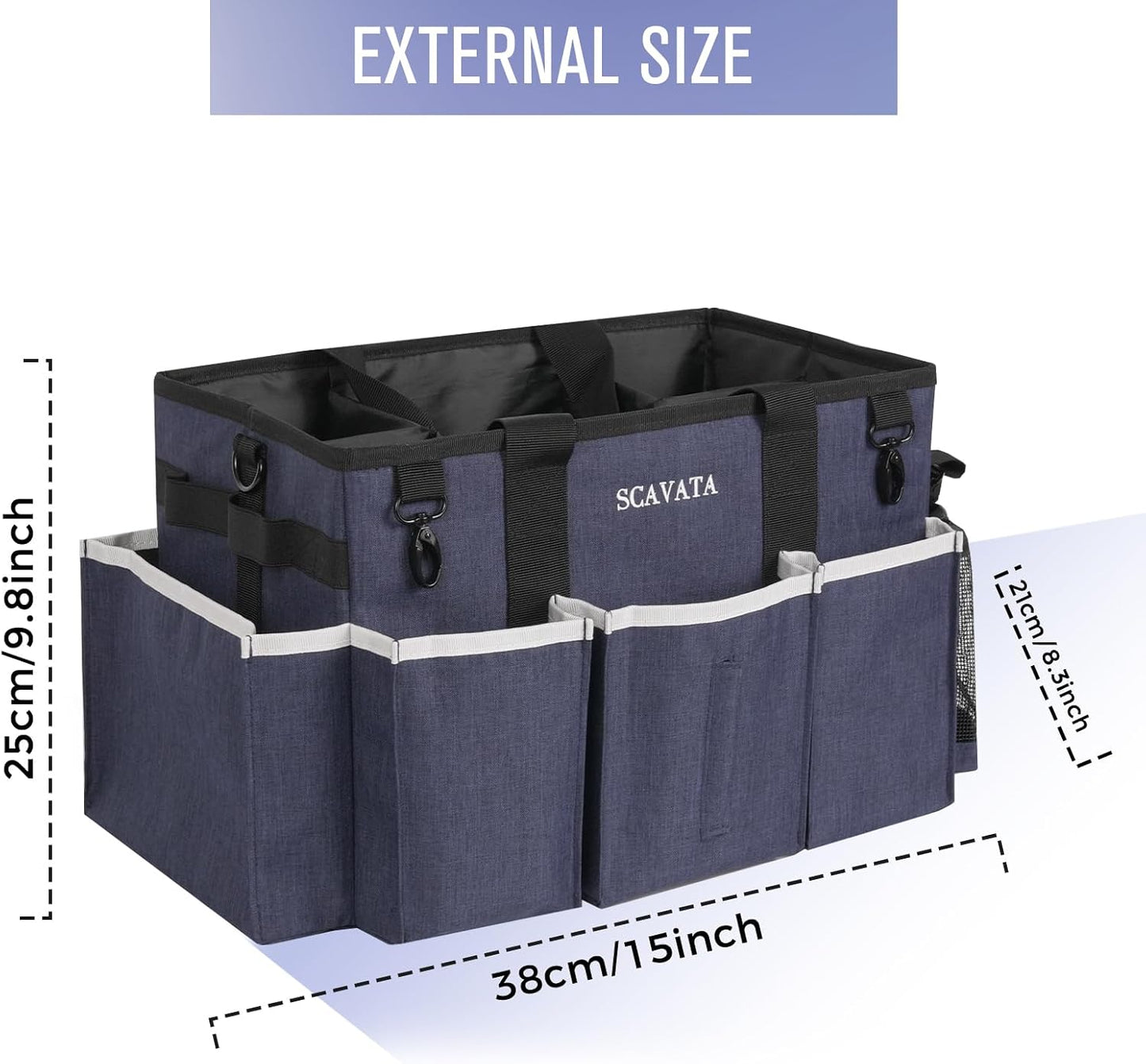 SCAVATA Wearable Cleaning Caddy Bag, Cleaning Caddy Supplies Organizer with Handle & Shoulder Straps for Housekeepers, Under Sink & Car Cleaning Tool Organizers with 4 Foldable Divider (Lake Blue)