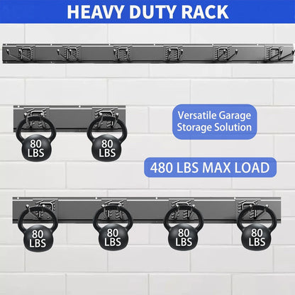 Garage Tool Organizer Wall Mount, 48 Inch Heavy Duty Garden Tool Organizer Storage System, Easy Install with 6 Adjustable Straight Hooks, for Garage, Basement, Shed, Workshop, Black, Steel