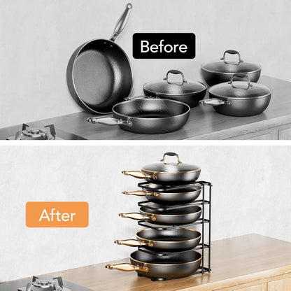 5-Tier Pot and Pan Organizer 13.6", No Assembly Cookware Rack 1-Pack | One-piece Design, Multi-height Layered,Anti-Tip Structure, Dual Vertical & Horizontal Use, Fits Cast Iron Pans & Dutch Ovens