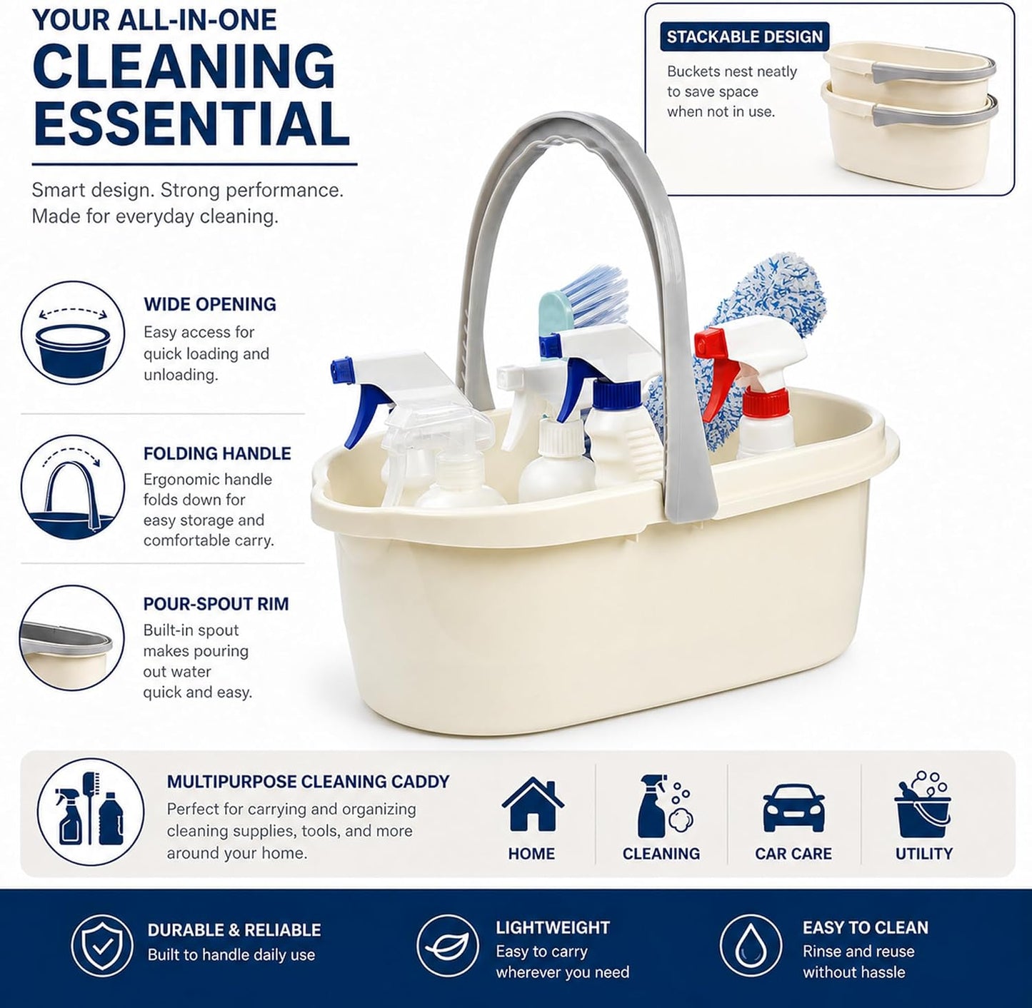 Haundry Compact Mop Bucket with Handle, Rectangular Cleaning Bucket and Caddy for Cleaning Supplies, 10L, Grey