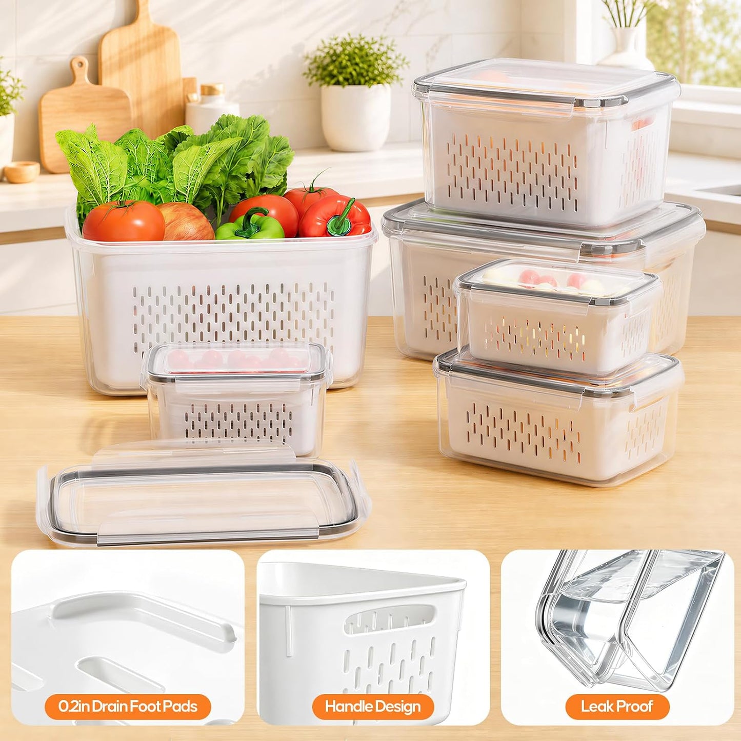JSCARES Fruit Storage Containers for Fridge with Removable Colander, 6 Pack | Plastic Produce Saver for Refrigerator, Fruit Organizers Keep Berry Veggie Fresh Longer, Dishwasher Safe, Largest 6.55 Quart