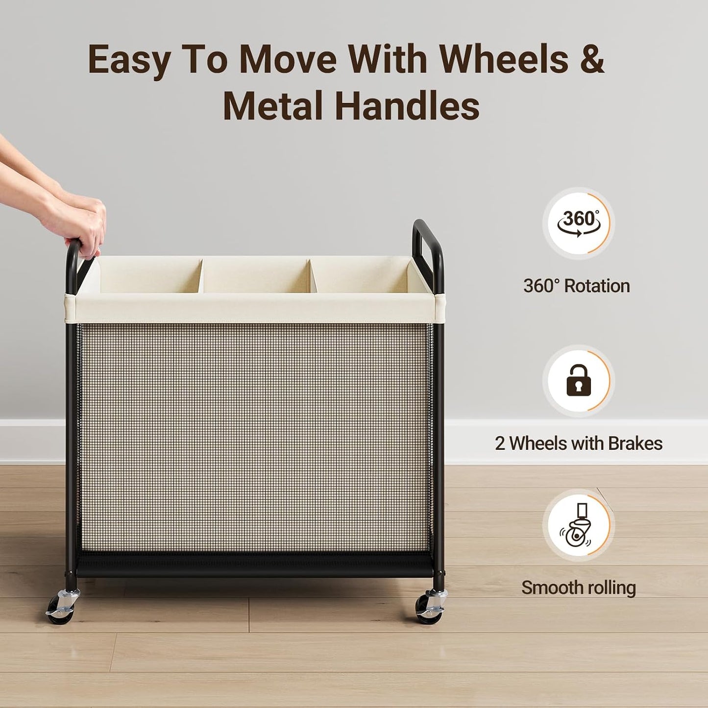 ELYKEN Laundry Hamper 2 Section, 100L Rolling Laundry Sorter with Wheels | Removable Washable Liner Bags, Sturdy Steel Frame and Metal Handle, Double Compartment Clothes Organizer for Laundry Sorting