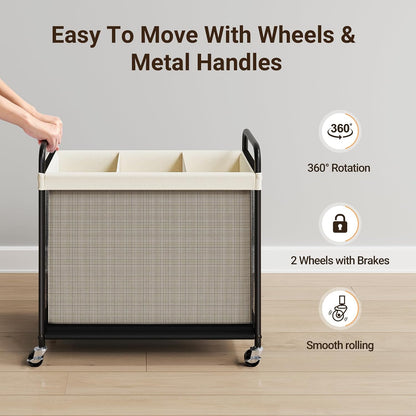 ELYKEN Laundry Hamper 2 Section, 100L Rolling Laundry Sorter with Wheels | Removable Washable Liner Bags, Sturdy Steel Frame and Metal Handle, Double Compartment Clothes Organizer for Laundry Sorting