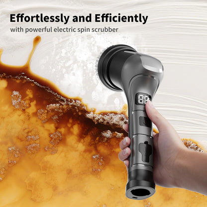 Electric Spin Scrubber, Cordless Household Cleaning Brush with 6 Replaceable Heads, 3 Speeds, LED Display, Lightweight Handheld Power Scrubber for Cleaning Stove/Bowl/Sink/Corner/Tile/Grout-Black