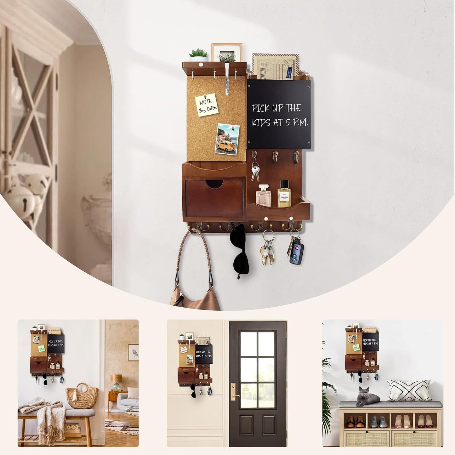 Key Holder for Wall Mount with Shelf and Mail Organizer, Key and Mail Holder with 16 Hooks, Farmhouse Entryway Organizer, Home Decor Rack (Pine Wood, White Washed)