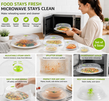 TENINYU Microwave Plate Covers Set of 6, BPA-Free, Mixed Sizes with Adjustable Steam Vents, Splatter Guard for Food Plates and Bowls