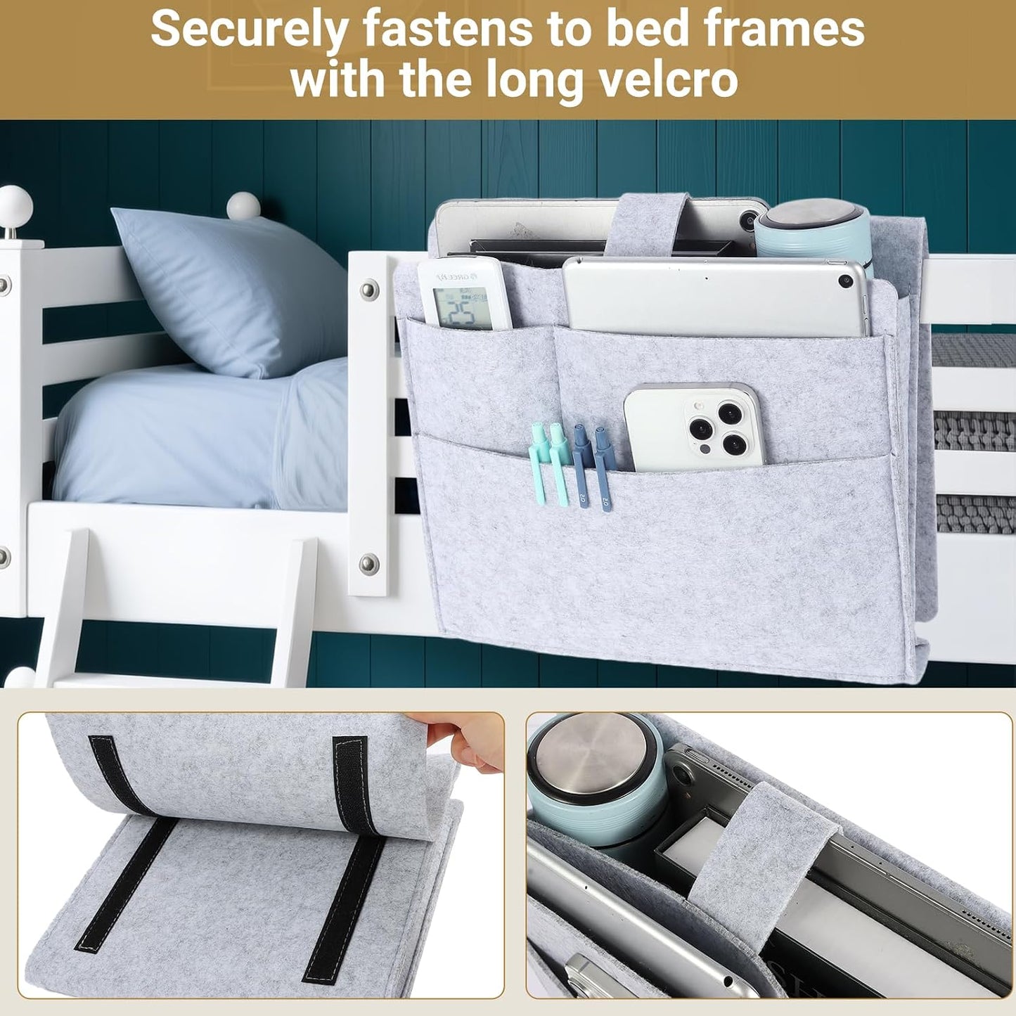 Seefoo Bed Caddy Organizer, Bunk Bed Shelf Caddy with 4 Pockets Grey | Easy Storage, Magazine Holder, Sturdy Bedside Organizer, Strong-Grip Loop Tape Sticky, for Bed, Bunk, Dorm, Sofa