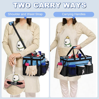 Extra Large Cleaning Caddy Bag with Built-In Support Board, Cleaning Tote Organizer with Removable Divider, Supply Carryall with Adjustable Shoulder Strap and Waist Belt for Cleaners & Housekeeper