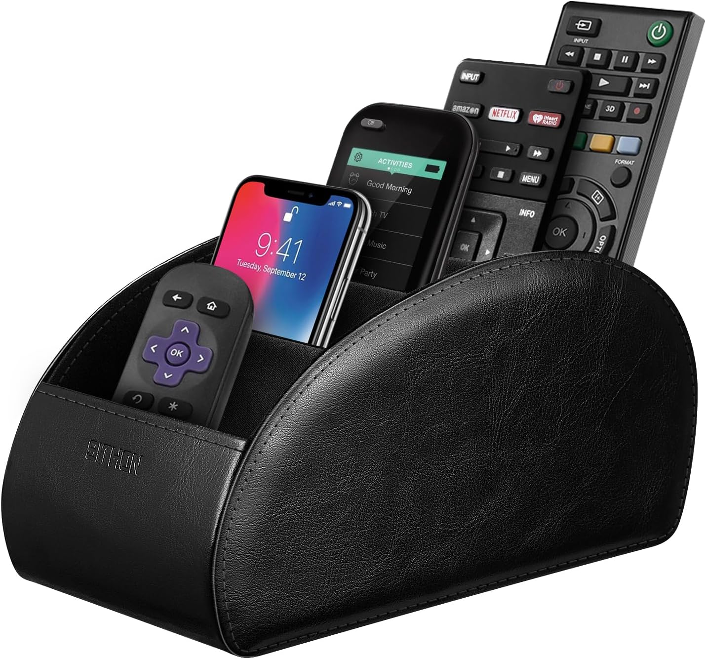 SITHON Remote Control Holder with 5 Compartments | PU Leather Remote Caddy Desktop Organizer Store TV, DVD, Blu-Ray, Media Player, Heater Controllers, Stripe Black