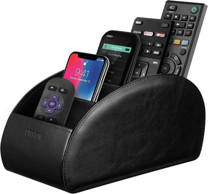 SITHON Remote Control Holder with 5 Compartments | PU Leather Remote Caddy Desktop Organizer Store TV, DVD, Blu-Ray, Media Player, Heater Controllers, Stripe Black