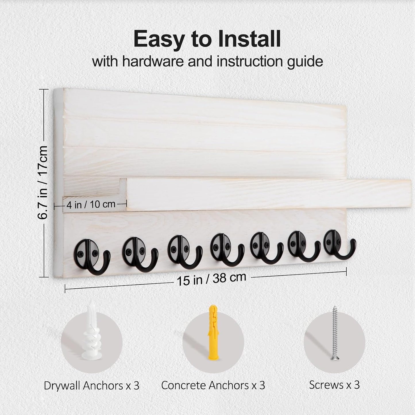 Lwenki Key Holder Wall Mount, Entryway Key and Mail Holder with 7 Sturdy Hooks for Sunglasses, Dog Leash, Decorative Wall Shelf with Mounting Hardware, 15”W x 6.7”H x 4.2”D