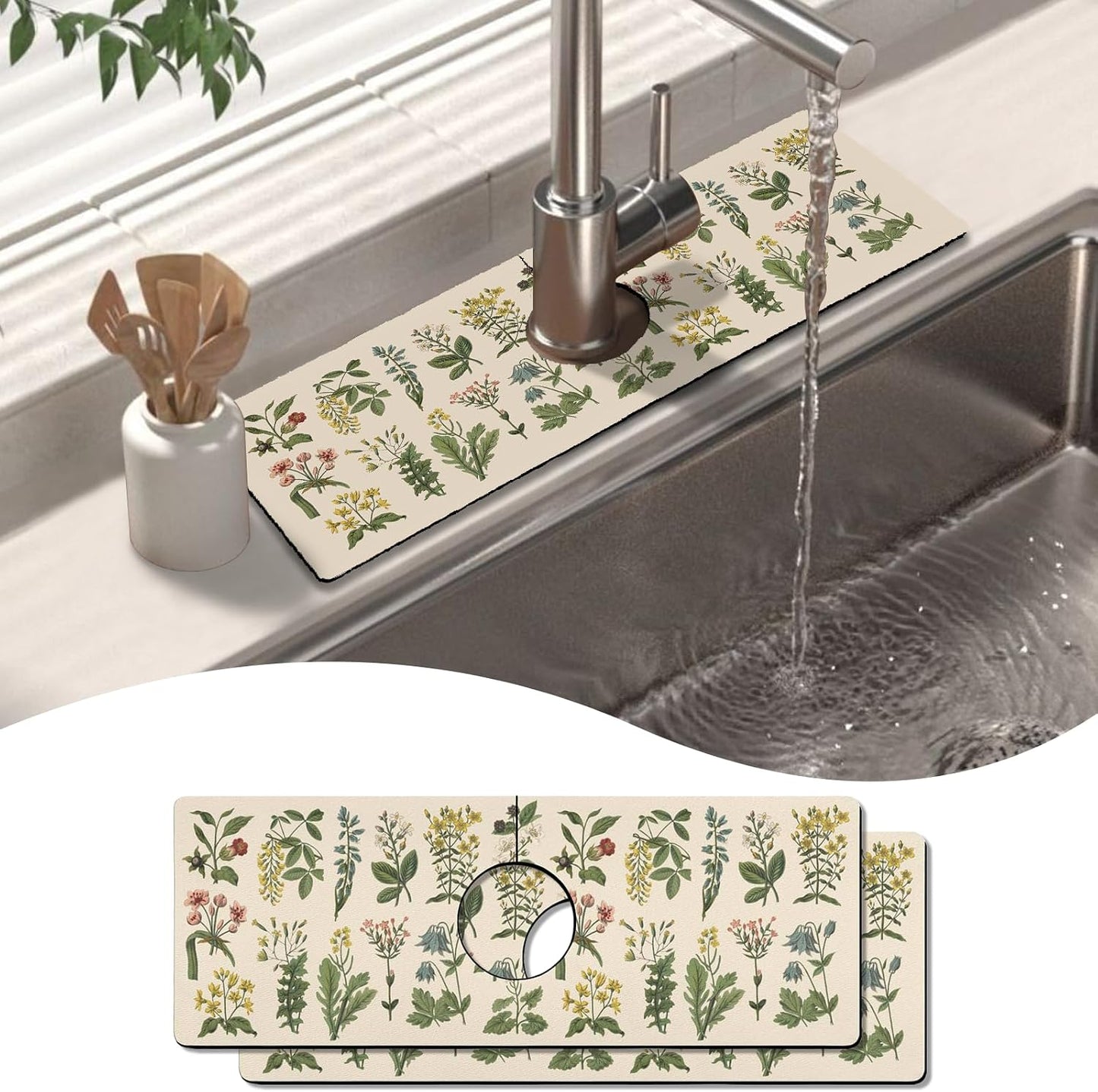 Kitchen Sink Splash Guard Faucet Mat 24" X 5.5" Tropical Leavesl Absorbent Fast Drying Mat Faucet Draining Mat Sink Splash Guard Behind Faucet Drip Catcher for Kitchen Bathroom