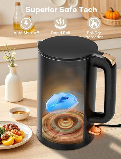 Electric Kettle, Double Wall 1.7L Stainless Steel Cool Touch, Water Boiler & Heater, 1500W Hot Tea Pot, Boil Dry Protection & Cordless Base, BPA-Free, Black