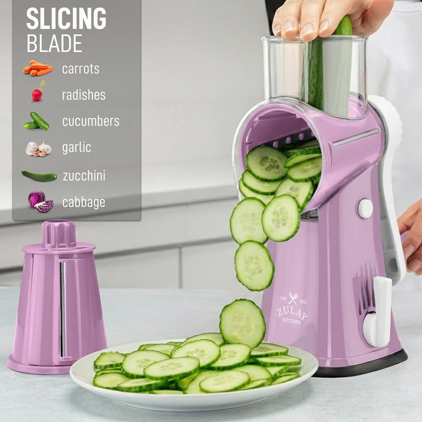 Zulay Kitchen Rotary Cheese Grater 5 Blade Cheese Shredder - Manual Hand Crank Cheese Grater With Reinforced Suction & 5 Interchangeable Drums - Easy to Use, Vegetable Chopper Round Mandoline Slicer - Colors A
