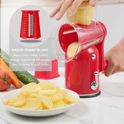 Rotary Cheese Grater Manual Hand Crank with 5 Blades & Suction Base, Kitchen Vegetable Shredder Slicer for Veggie, Nuts, Fruit, Cream