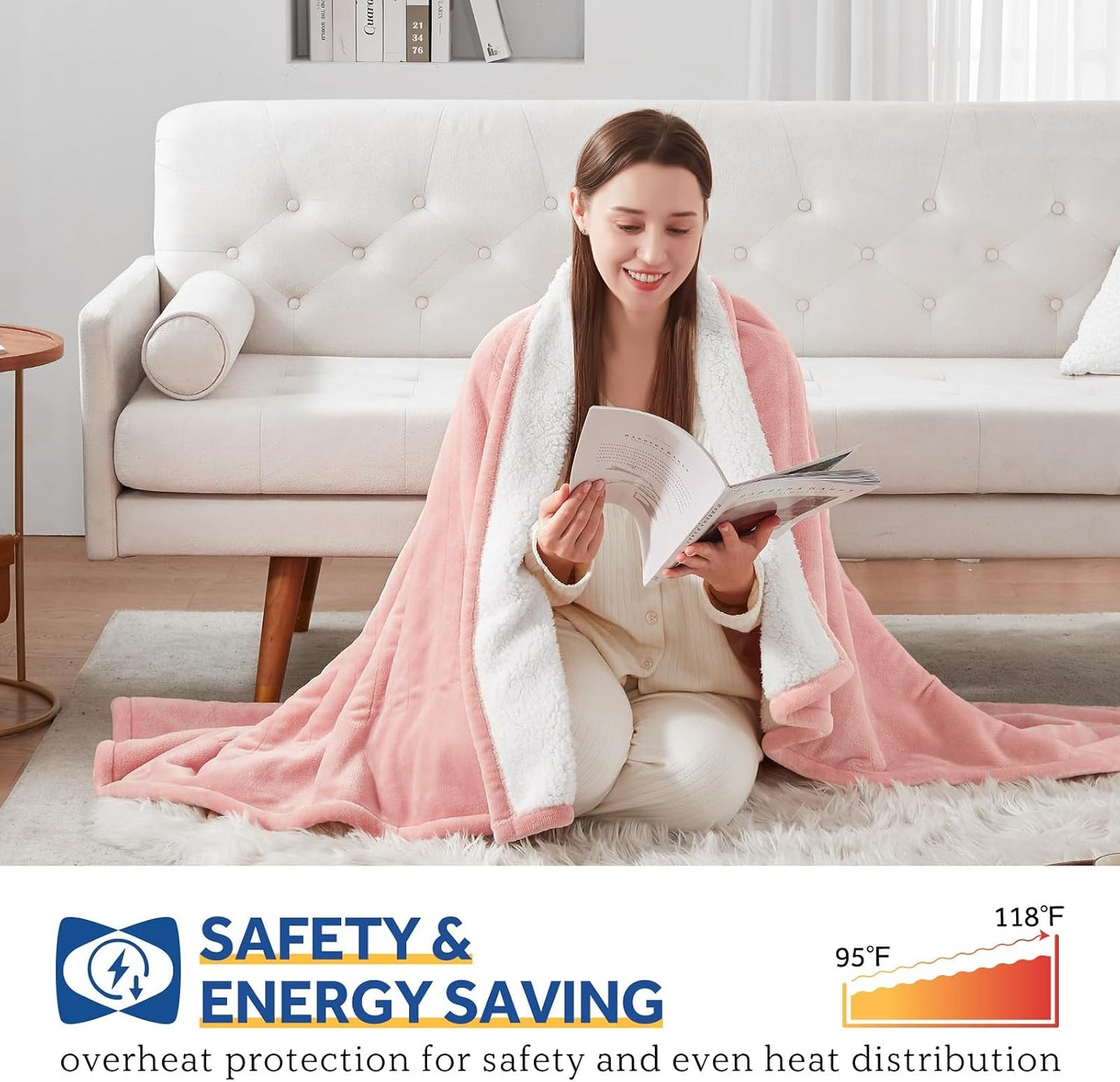 Sealy Heated Blanket Electric Throw 50"x60" Flannel & Sherpa, Auto Shutoff | Electric Blanket Throw with 6 Heat Levels & 2-10H Auto Shutoff, Fast Heating & Overheat Protection, Machine Wash, Light Grey