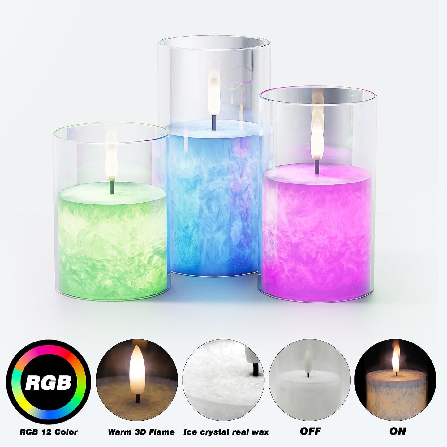 Battery Operated Flameless Candles with Remote & Timer, Gold Glass 3Pack | Real Wax Crystal Texture, D3×H4/5/6", 2/4/6/8H Timer, Dimming, Flickering Realistic LED Candles for Wedding Table Decor