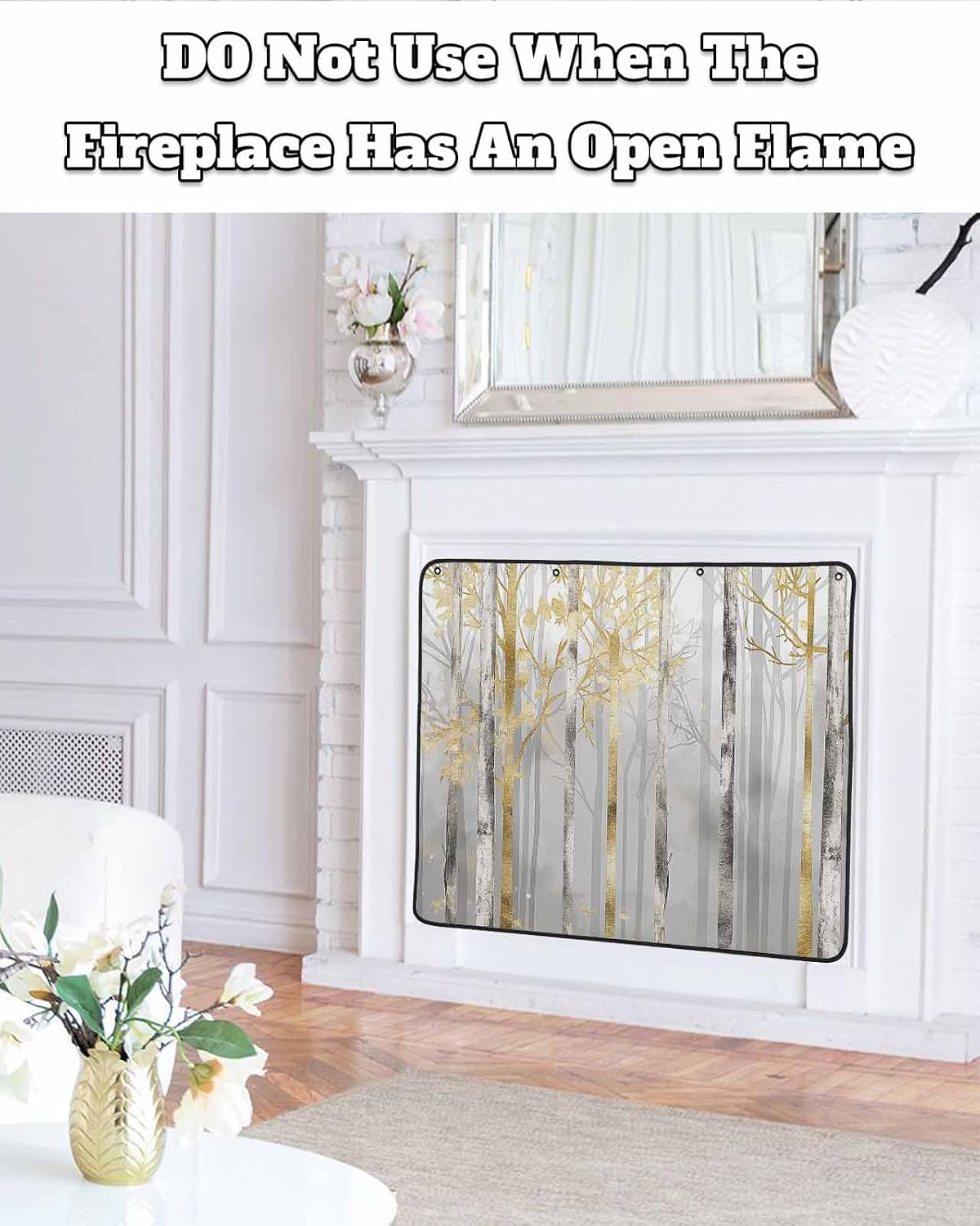 Abstract Forest Magnetic Fireplace Cover Decorative Indoor For Brick Fireplace, Insulation Fireplace Blocker Blanket Draft Stop Hot Heat Save Energy, Modern Landscape Painting Grey Gold 45"Wx34"H
