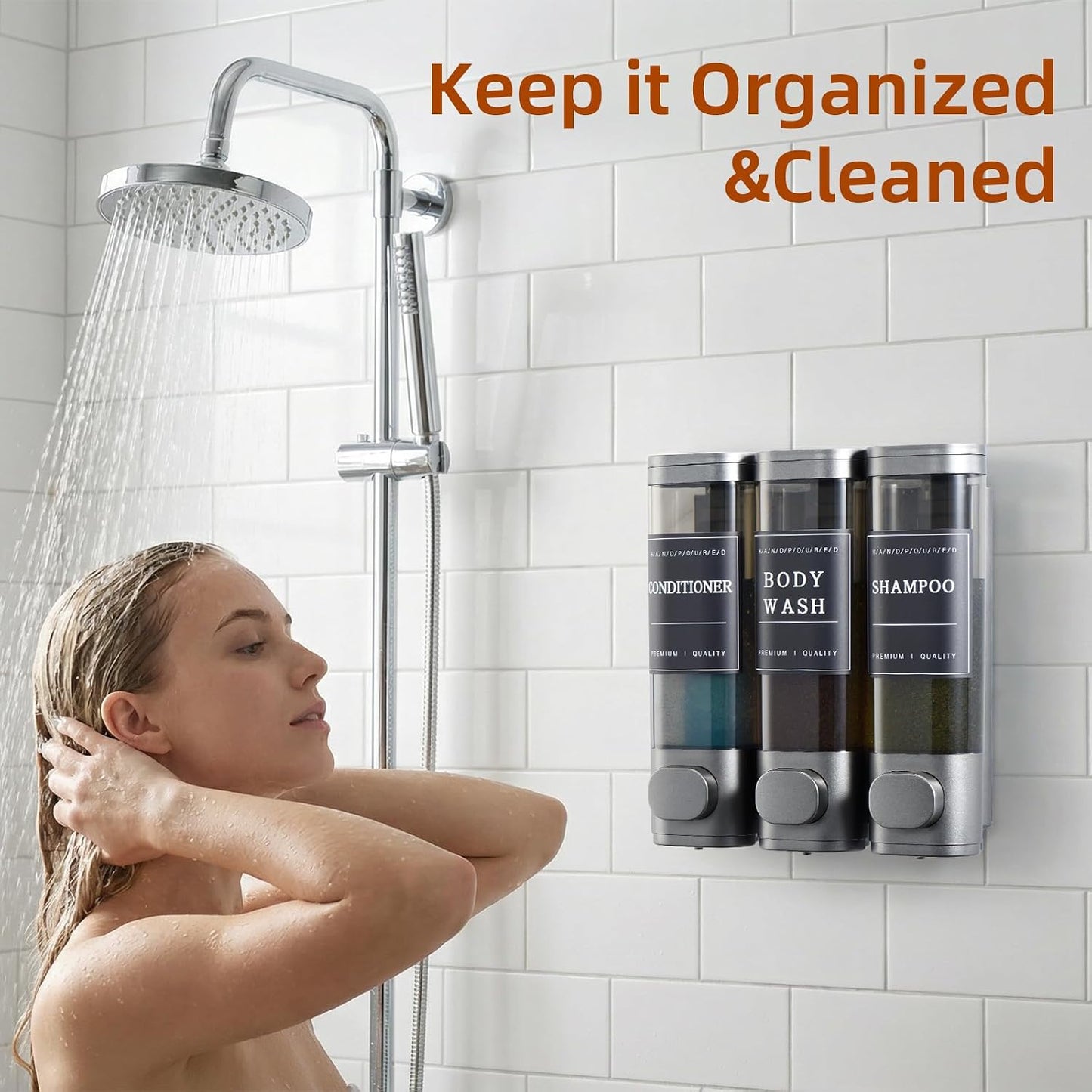 Shampoo and Conditioner Dispenser,Shower Soap Dispenser 3 Chamber No Drill Wall-Mounted Shampoo Dispenser for Shower Wall Mounted Shower Dispenser for Bathroom Hotel Large Capacity, Clear Bright