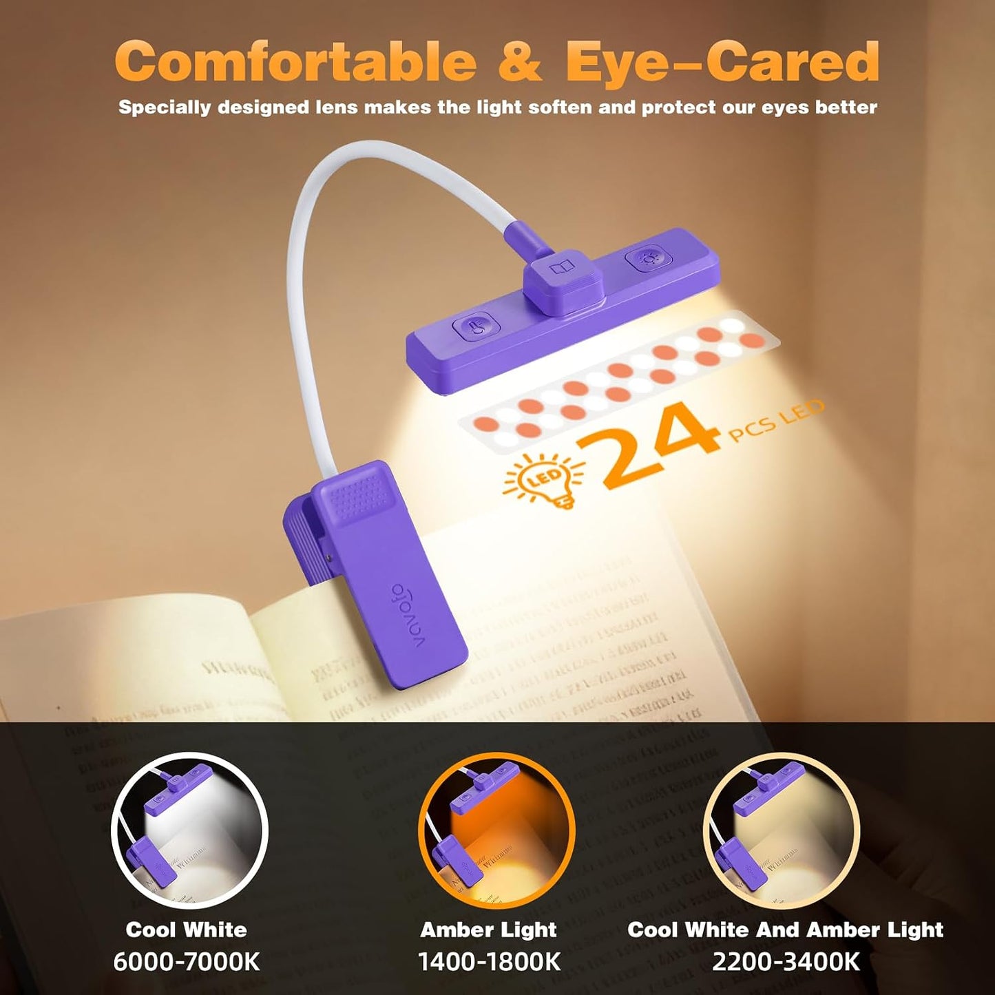VAVOFO Rechargeable Book Light Rotatable：24 LEDs Reading Light, 3-Color & 9-Brightness Book Lamp, Eye Cared 120Hrs Runtime Lightweight Clip on Led Light for Book Lovers (Black)