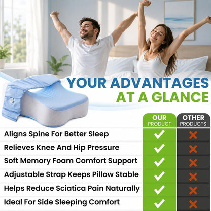 Premium Knee Pillow for Side Sleepers Hip Pain Relief Leg Pillow for Side Sleeping Adjustable Strap Sciatica Back Support Spine Alignment