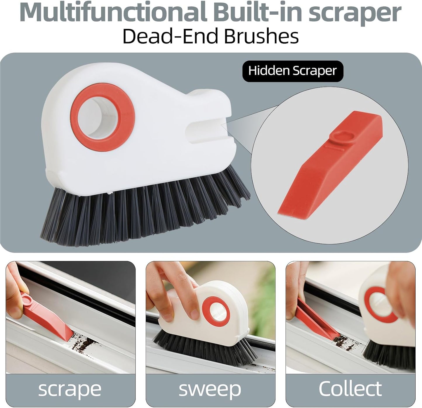 2 in 1 Groove Cleaning Brush, Grout Cleaner Tool & Multifunction Window Track Cleaner (with Hidden Scraper or Mini Dustpan) – for Glass Door Tracks, Window Sills, Sliding Doors (Orange)