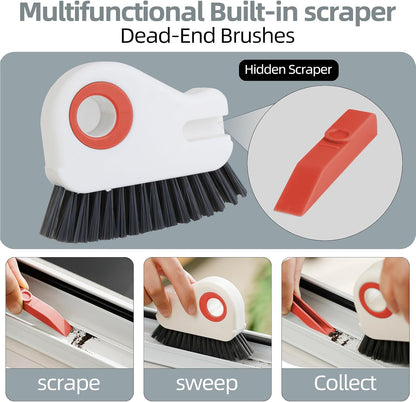 2 in 1 Groove Cleaning Brush, Grout Cleaner Tool & Multifunction Window Track Cleaner (with Hidden Scraper or Mini Dustpan) – for Glass Door Tracks, Window Sills, Sliding Doors (Orange)