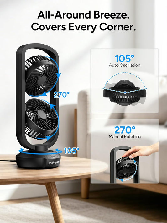 DR.PREPARE Small Tower Fan Oscillating Table Fans with 270° Tilt, 105° Oscillating, 3 Speeds and 3 Auto-Off Timer, Portable USB Powered Desk Fan for Bedroom Office Home Desk, Powerful Airflow 15 Inch