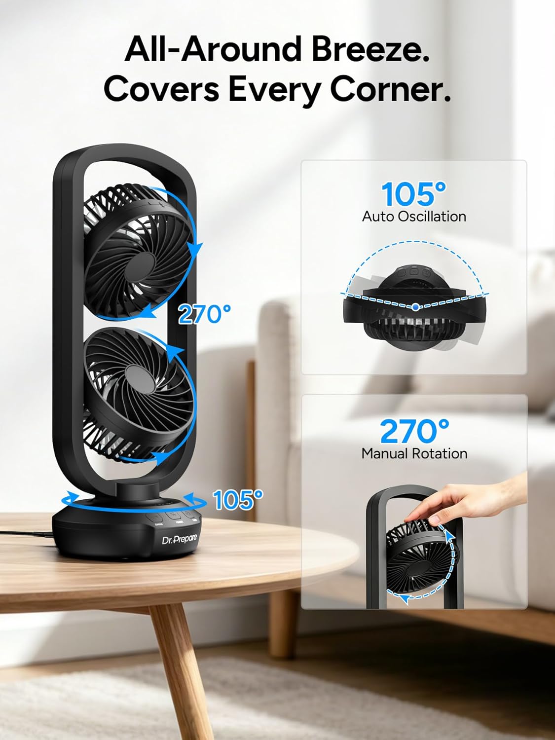 DR.PREPARE Small Tower Fan Oscillating Table Fans with 270° Tilt, 105° Oscillating, 3 Speeds and 3 Auto-Off Timer, Portable USB Powered Desk Fan for Bedroom Office Home Desk, Powerful Airflow 15 Inch