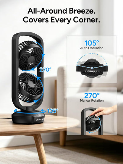 DR.PREPARE Small Tower Fan Oscillating Table Fans with 270° Tilt, 105° Oscillating, 3 Speeds and 3 Auto-Off Timer, Portable USB Powered Desk Fan for Bedroom Office Home Desk, Powerful Airflow 15 Inch