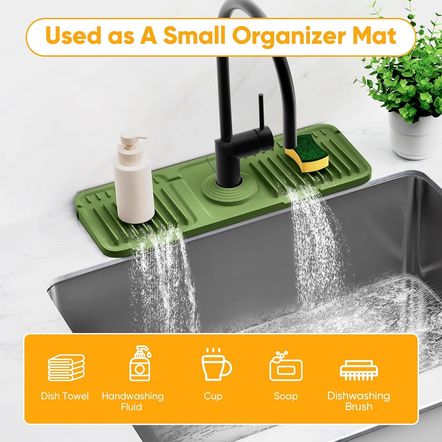 24'' Longer Faucet Mat for Kitchen Sink Splash Guard[7° Slope Fast Self-draining][Snap Lock Fit]Kitchen Sink Faucet Mat Splash Guard Kitchen Sink Area Water Splash Guard Behind Faucet Draining Mat