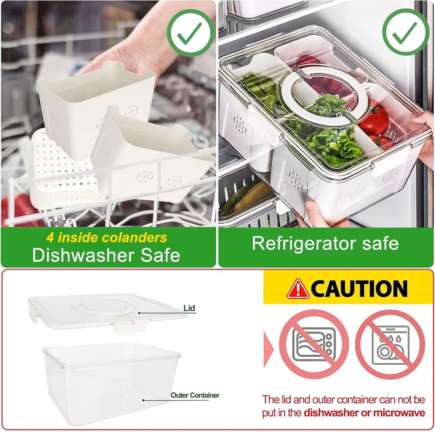 Fruit Storage Containers for Fridge with Lid and Handle, Veggie Tray Bins | Portable Fresh Produce Saver, Food Storage Container with 4 Removable Strainers,Salad Bar for Berry, Vegetable, Refrigerator