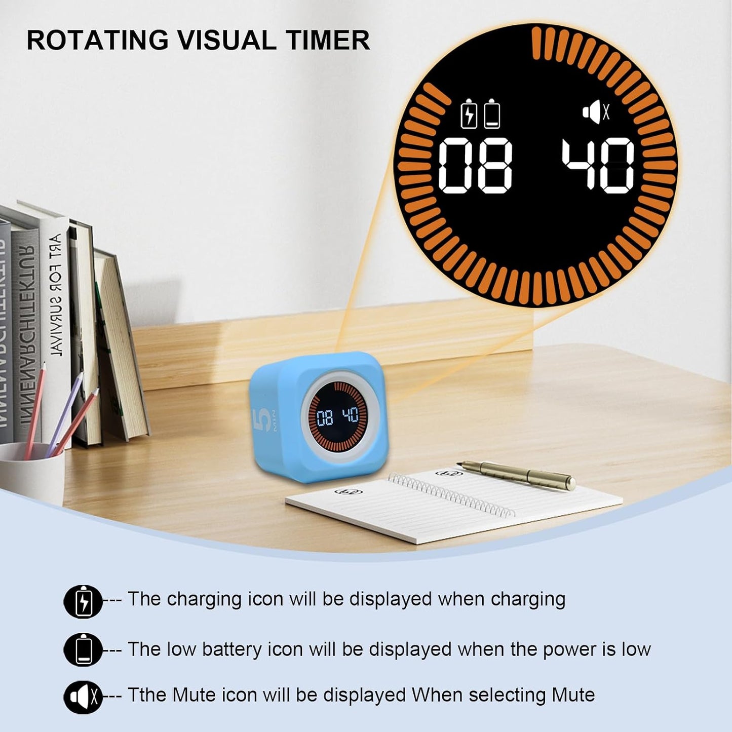Rotating Cube Pomodoro Visual Timer 5, 25, 10 50 Minutes Preset | Custom Countdown, LED Display, Silicone Case, Loud Alarm&Silent, Rechargeable Desk Productivity Flip Timers for ADHD, Kitchen
