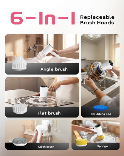 PUFTEM Shower Scrubber, Electric Spin Scrubber for Bathroom Cleaning – Cordless Shower Cleaner Brush with 6 Brush Heads, Dual-Direction Rotation, for Grout, Tile, Tub, Sink & Corners, White