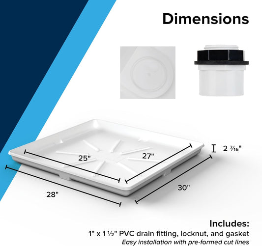 Camco Stackable Washing Machine Drain Pan - Measures 25″ (L) x 27″ (W) ID & 28″ (L) x 30″ (W) x 2 7/16″ (H) OD - Great for Apartment-Sized Washers/Stackable Units - 1"/1.5" PVC Drain Fitting (21006)