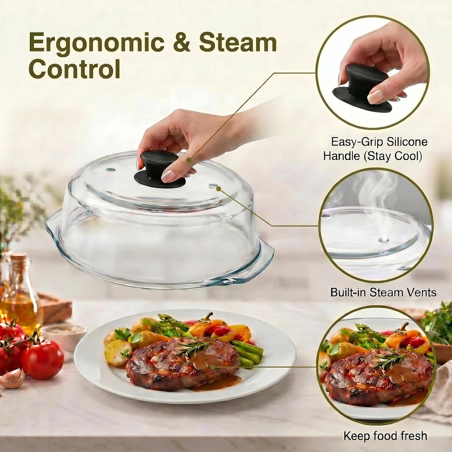 Glass Microwave Splatter Cover With Silicone Mat | Heat-Resistant Borosilicate Glass, Splatter Protection,Anti-Scald Handle,Dual Steam Vents, BPA-Free,Dishwasher Safe