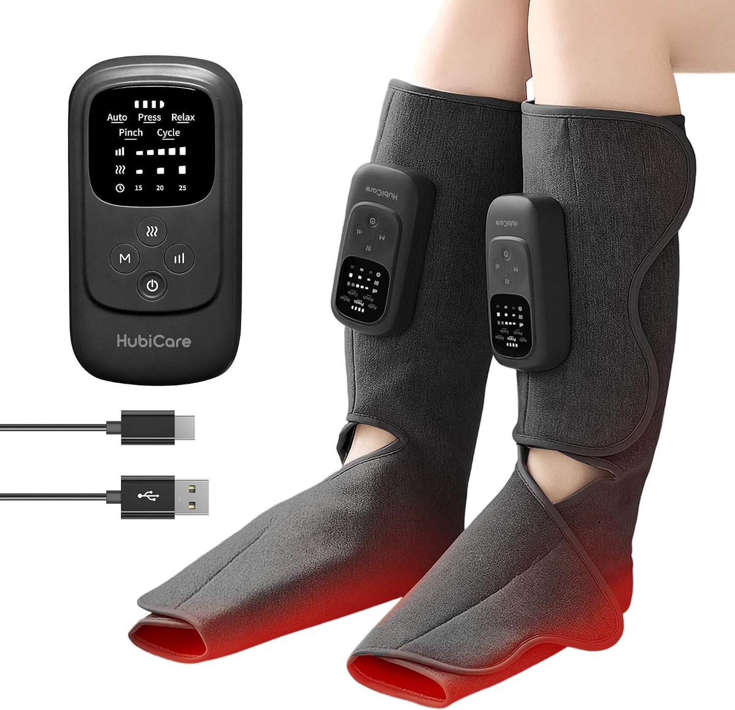 HubiCare Cordless Calf and Feet Massager with Heat and Air Compression for Circulation and Pain Relief, 5 Modes with 5 Intensities, Reduce Swelling, Muscles Relaxation Device (Black)
