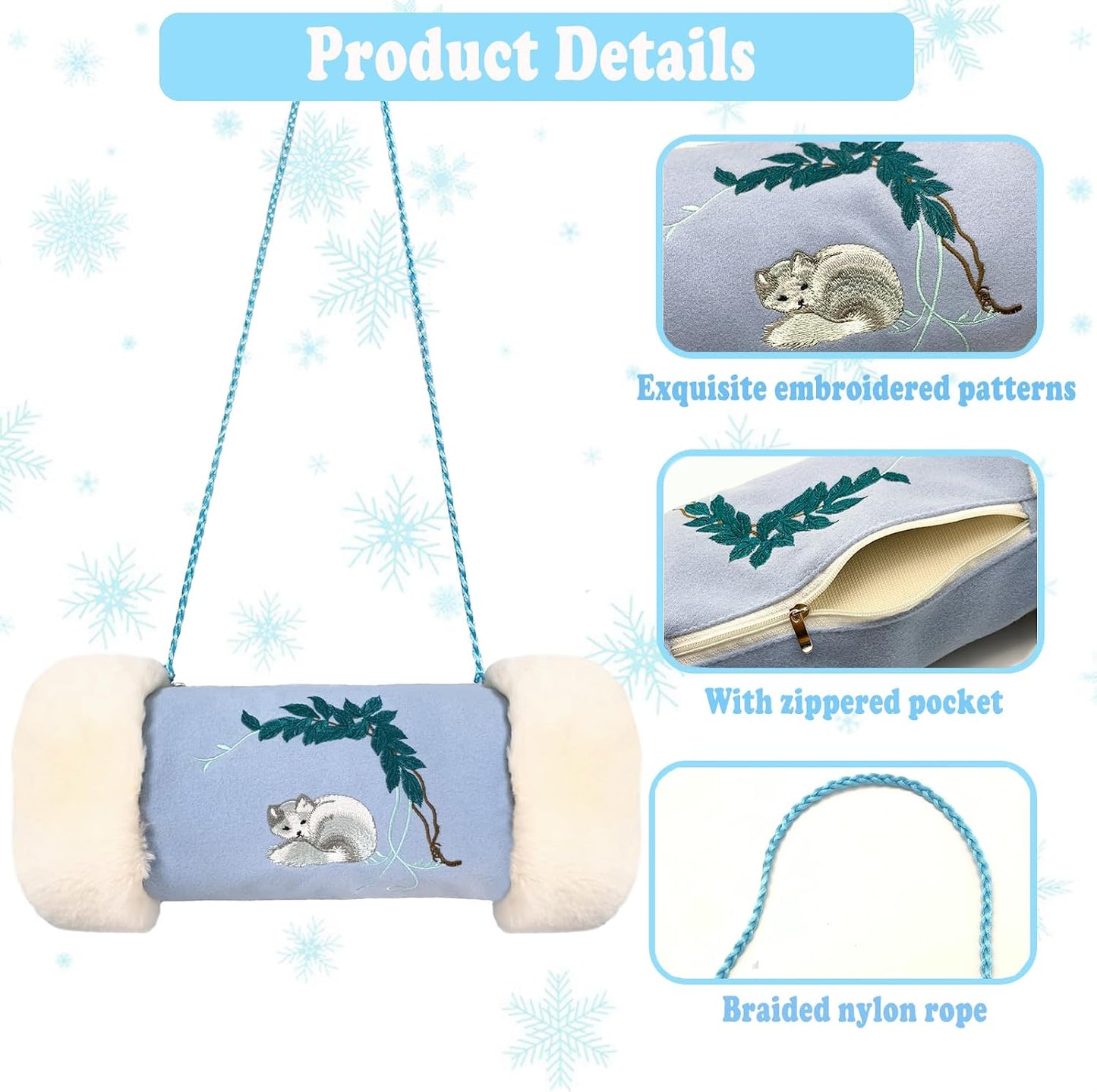 Faux Fur Hand Muffs, Portable Hand Warmer Pouch with Zipped Pocket Strap for Cold Weather, Cute Blue Embroidery Pattern Hand Muffler for Women Girls