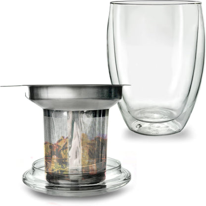 Creano Tea Glass with Infuser and Lid 400ml - Large Tea Cup - Microwave & Dishwasher Safe - Loose Leaf Tea Maker Gift Set