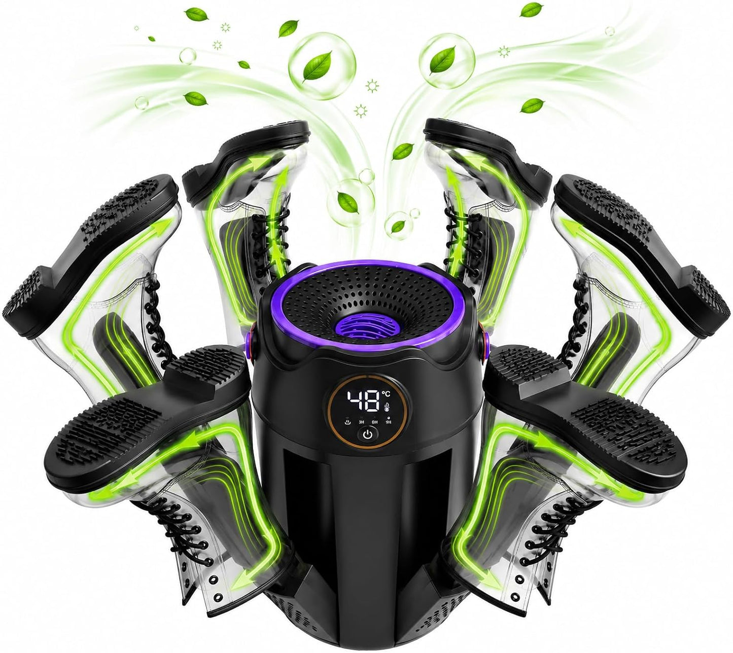 Boot Dryer, Shoe Dryer, 6-Arm Telescopic Foldable Electric Heating Machine | 3/6/9H timer, PTC constant-temp heat helps protect shoe materials, portable use, for gloves, work boots, sneakers, ski boots