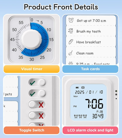 3-in-1 Visual Timer & ADHD Tool for Kids|Adults | Task Timer with Chore Chart Board, Visual Schedule for Kids Autism, Daily Checklist for Home, School, Classroom, Desk (White)