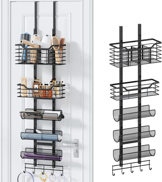Consumest 6-Tier Hair Tool Organizer - Hair Dryer Holder Over The Door/Wall Mounted DIY Adjustable Shelf Bathroom Door Organizer with Hook for Curling Iron/Blow Dryer/Straightener Black