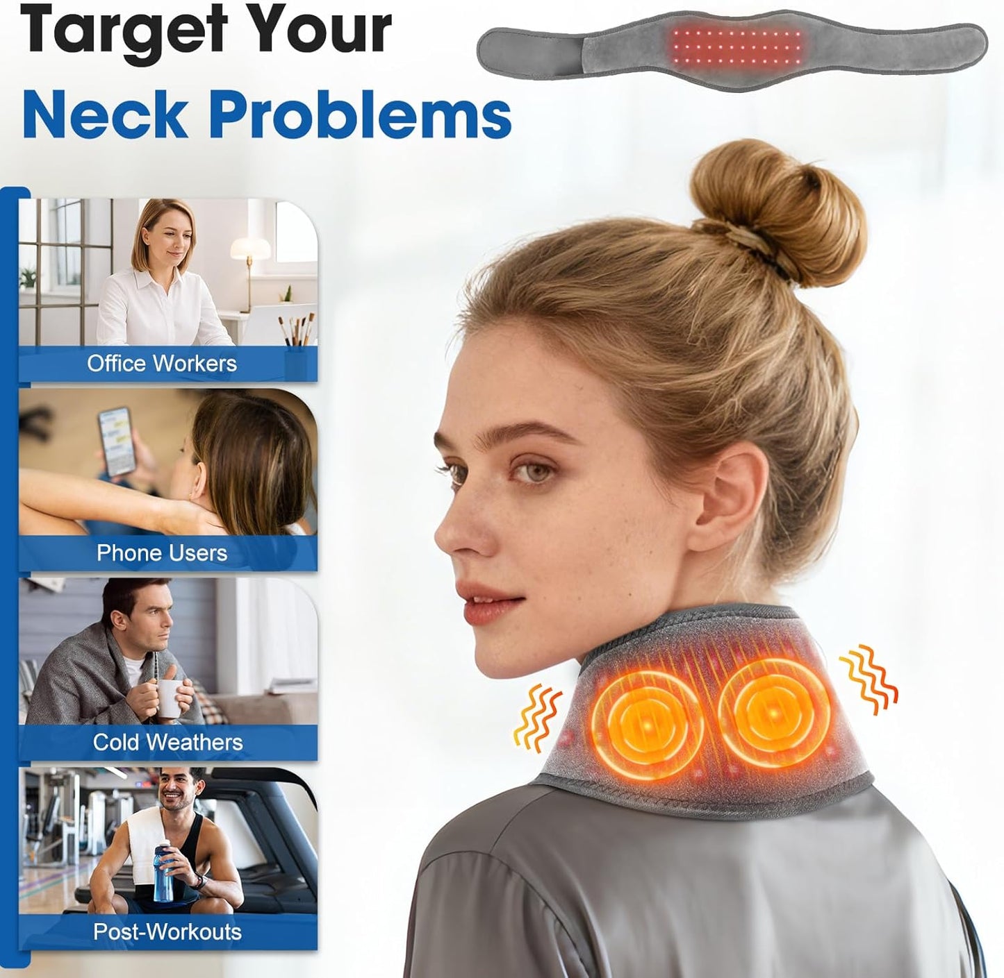 Cordless Neck Heating Pad for Pain, Neck Massager with 660nm 850nm Red Light, Neck Heating Pad for Pain Electric, Heated Neck Brace Wrap for Soreness Stiffness Pain Relief