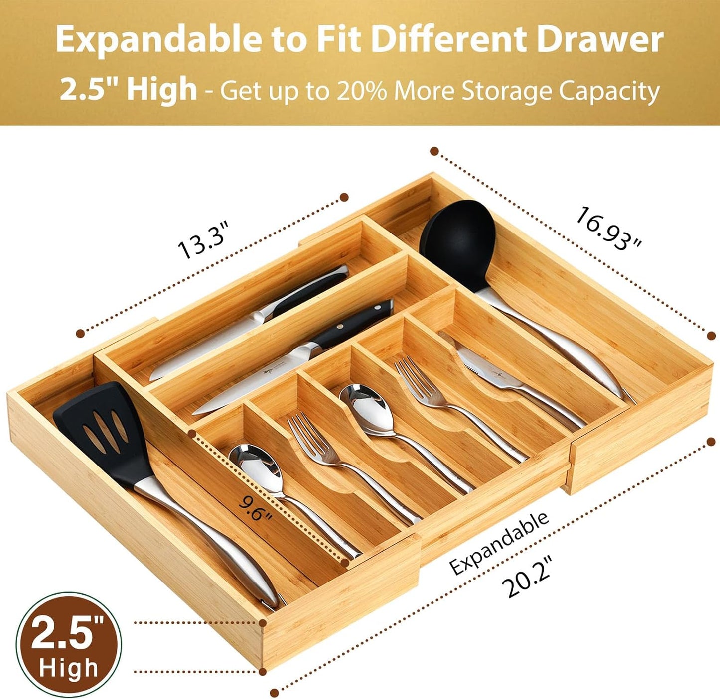 Large Expandable Kitchen Silverware Utensils Drawer Organizer, 2.5" Extra High Adjustable Drawer Divider with Curved Grooves, Bamboo Wood Cutlery Tray Flatware Holder