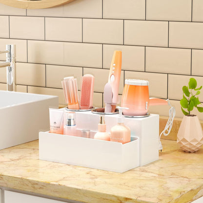 NIUBEE Acrylic Hair Tool Organizer,Hair Blow Dryer Holder with 3 Cups,White | Acrylic Hot Tools Organizer,Hair Organizer Storage Countertop,Blow Dryer Holder for Curling Iron,Brush, Straightener,Bathroom